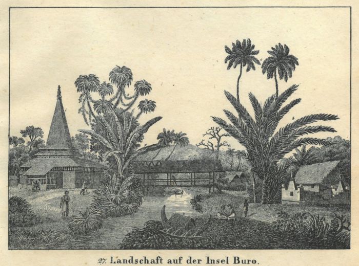 Molukken Buru Landschaft Auf Der Insel Buro Blick Auf Ein Grabmal Und Eine Malayische Hutte
