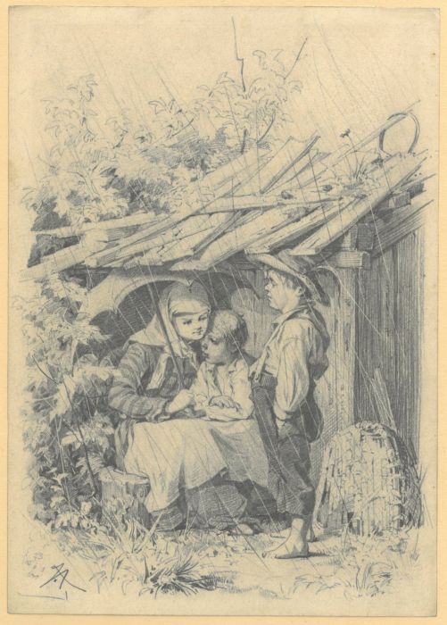 Adam Julius I 1821 1874 Drei Kinder Suchen Unter Einem Bretterverschlag Schutz Vor Dem Regenfall